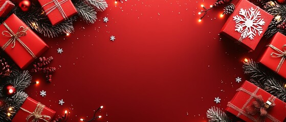 Festive red background featuring elegant white snowflakes