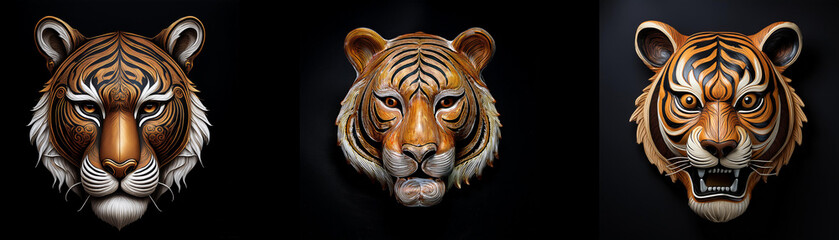 Three isolated tiger masks against a black background.
