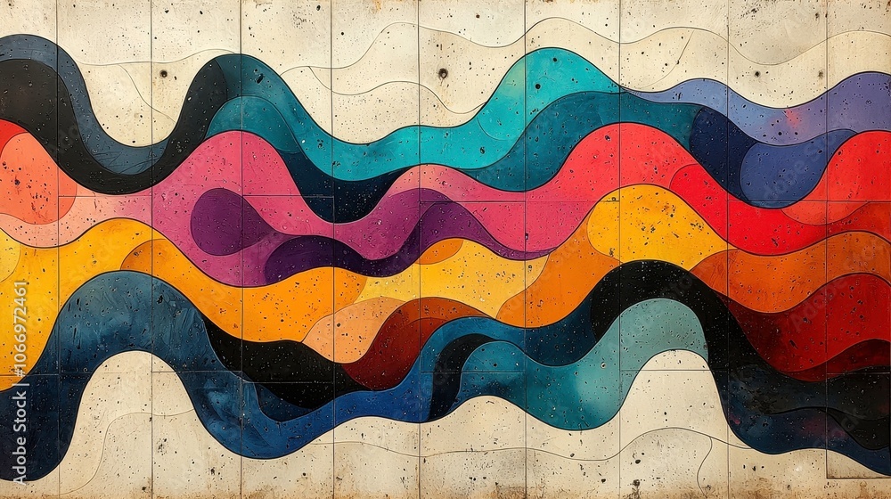 Poster vibrant mural featuring swirling waves of colors in various shades, creating dynamic and artistic vi
