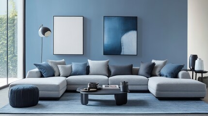 Modern living room with sectional sofa, blue accents, and a coffee table