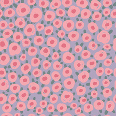 Abstract pink daisy flowers on pastel violet  background , seamless pattern.	
