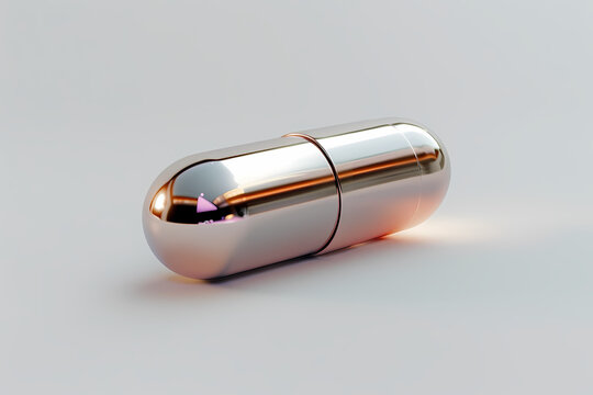 A shiny, metallic capsule lying on a reflective surface, showcasing a sleek and modern design with subtle reflections and a soft glow.
