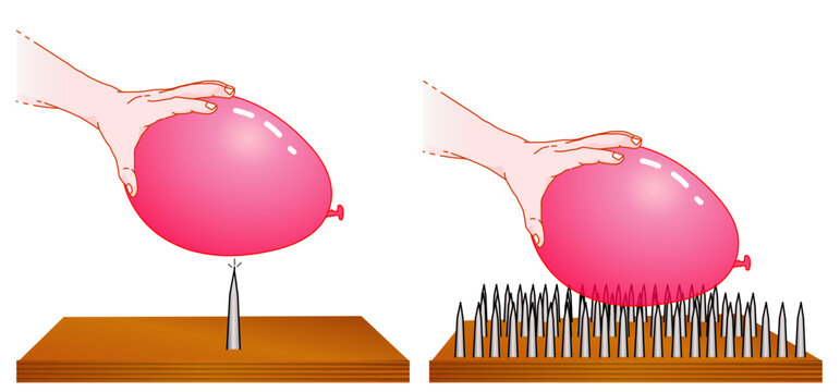 Pressure equals force divided by area. Balloon on bed of nails. Large area, small field. Low, high force. Surface press, kilogram by cubic meter. Physics experiment. Illustration vector	