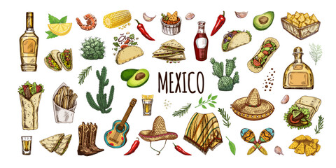 Hand-drawn colore set of realistic mexican elements. Vintage sketch drawings of Latin American culture. Vector ink illustration. Mexican culture. Latin America.