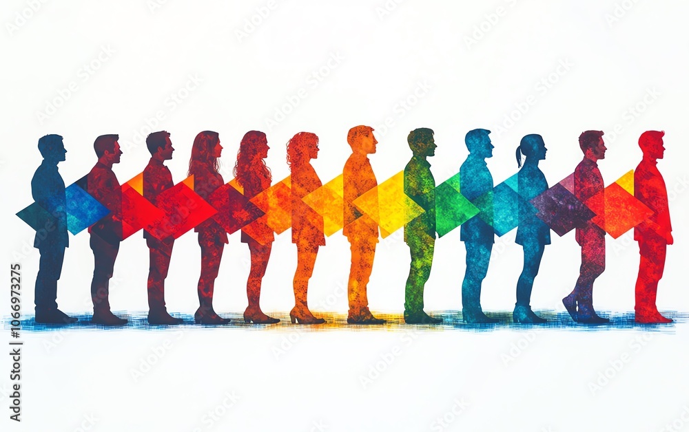 Poster people standing in an arrow formation, with colorful patterns, bright flat color blocks, and simple 