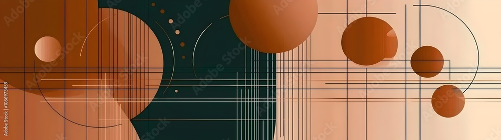 Poster abstract geometric design featuring warm tones with circles and lines, creating a modern and dynamic