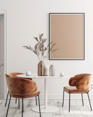 A modern dining room interior with a round table. four brown velvet chairs. two square black framed pictures. and a plant in the corner