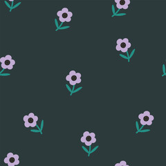 Cute violet daisy pattern on dark background . Vector