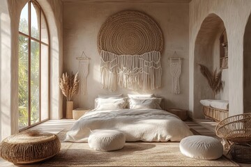 A serene, bohemian bedroom featuring natural textures, neutral tones, and cozy decor with plants and woven elements, creating a calming atmosphere.