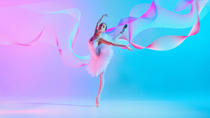 Creative design. Graceful young girl, ballerina dancing with elegance against pink blue neon background with abstract flow elements. Concept of art of dance, choreography