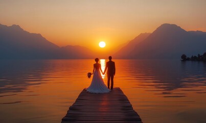Fototapeta premium 3D wedding couple holding hands on a lakeside pier, their silhouettes reflected in the water as the sun sets