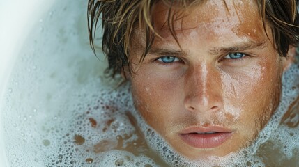 Handsome Man Relaxing in Bubbly Bath Skincare Cleanliness