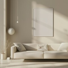 A white sofa with pillows in front of a white picture frame in a modern living room with soft lighting