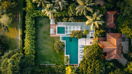 Aerial view of modern villa with pool surrounded by tropical garden
