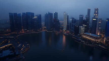 Obraz premium Mesmerizing Aerial Perspective of Singapore's Iconic Marina Bay Skyline at Dusk