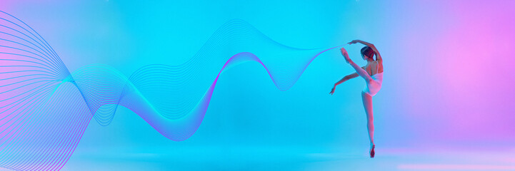 Creative design. Ballerina performing in classic pose, on abstract pink and blue light trails. Timeless beauty of ballet with modern digital effects. Concept of art of dance, choreography