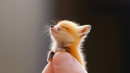 A tiny, adorable fox kit is gently held between fingers, showcasing its fluffy fur and serene expression in a soft, warm light.