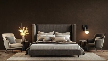 Modern Bedroom Interior Design with Brown Wall  King Size Bed  and Two Armchairs