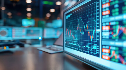 A sleek, modern trading room with screens displaying financial data and charts, conveying a high-tech atmosphere of analysis and investment.