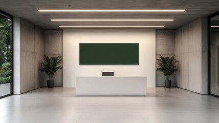A sleek, minimalist reception area with a white desk, green plants, and a dark green wall accent, exuding a professional atmosphere.