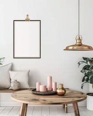 A minimalist interior design with a white wall, a black framed poster, a wooden table, a vase with dried grass, and pink candles