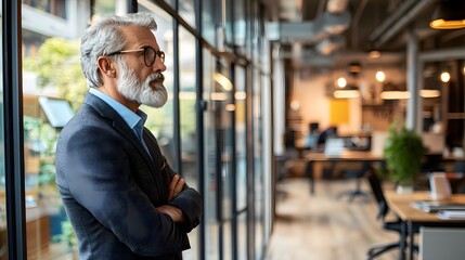 Obraz premium Mature businessman standing by glass wall in modern office, deep in thought.