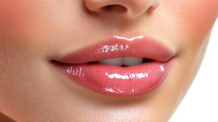 Obraz premium Close up of Glossy Lips Beauty Skincare Makeup Cosmetics Pink Sensual Attractive Female Face Mouth