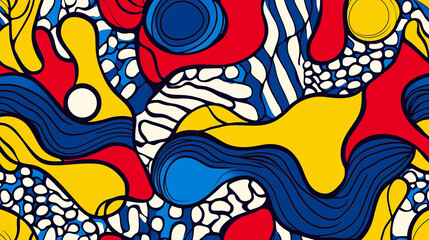 Wzór w stylu pop art, w którym podstawowe kolory czerwony, niebieski i żółty łączą się w dynamiczne, zabawne kompozycje.