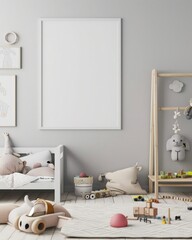 Blank picture frame mockup on gray wall in a nursery room with wooden toys and white pillows