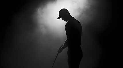 Silhouetted Golfer Preparing to Swing in Dark Studio with Subtle Rim Lighting
