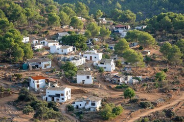 Fototapeta premium Aerial view of a remote mountain village with scattered white houses, surrounded by lush green trees, capturing rural life in a serene natural setting.