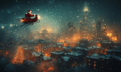 Santa flying over a snowy cityscape at night, holiday magic in the air, 3D illustration