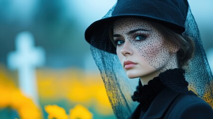 A grieving woman with a mesh veil stands solemnly at her husband's grave beneath an umbrella