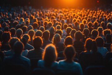 A large crowd sits outdoors, facing an illuminated stage at sunset, showcasing the communal experience of attending a live event together.