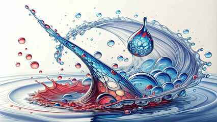 Vibrant water drop splash with a sense of motion. Intricate water droplet splash with a colorful pattern. Dynamic water splash 