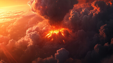 Erupcja wulkanu, gdzie lawa eksploduje z krateru, a gęsty dym unosi się w niebo.