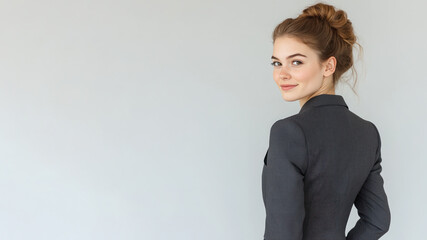 Obraz premium Canadian business woman in suit blazer isolated on gray, lawyer secretary