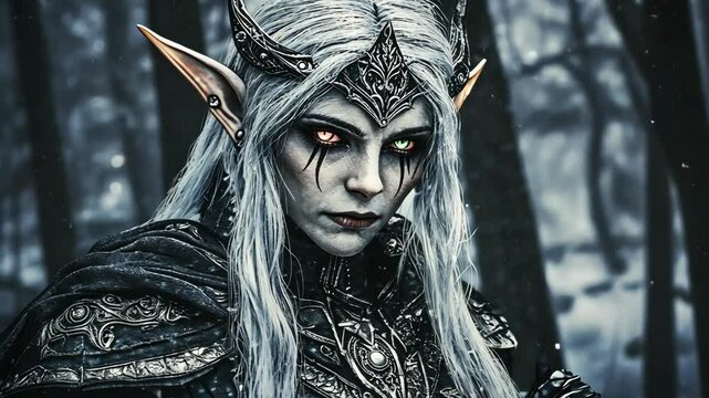 A female elf with long white hair and pointed ears stands in a snowy forest