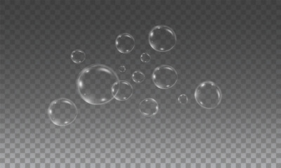 Realistic soap vector bubbles png isolated on transparent background. The effect of falling and flying bubbles. Glass bubble effect