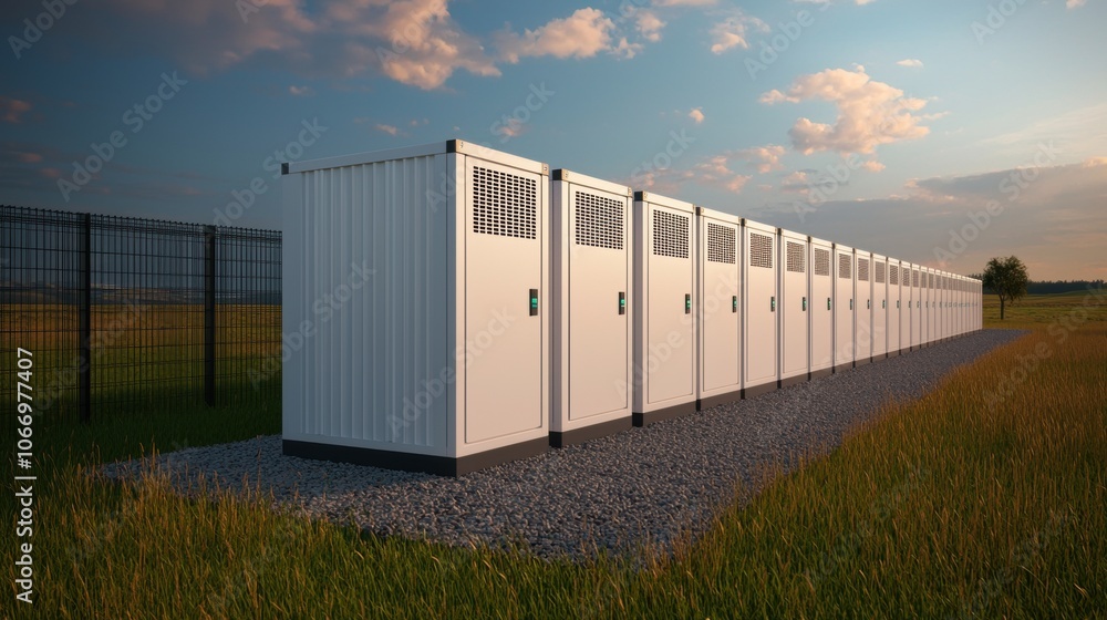 Poster large scale battery storage system in open field