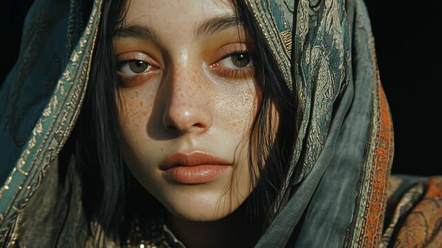 A woman with freckles looks intently at the camera, her face partially obscured by a patterned shawl