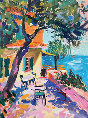 painting of a house acrylic painting print with large strokes of paint, bright colors and shade