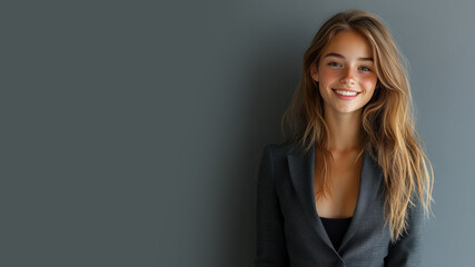 Fototapeta premium Germany business woman in suit blazer isolated on gray, lawyer secretary