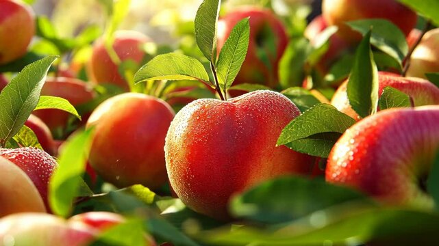 Ripe red apples hang from a tree branch on a sunny day