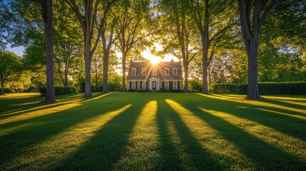 Obraz premium Sunlit Suburban Home Lush Lawn Tree Lined Driveway Golden Hour