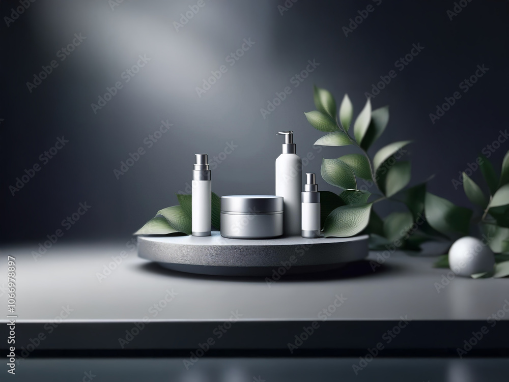 Aufkleber a minimalist product display featuring a set of skincare products on a circular platform with green 