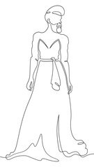 Continuous one line drawing bearded man in a woman's dress. Transgender, homosexual.One continuous line isolated minimal vertical illustration.