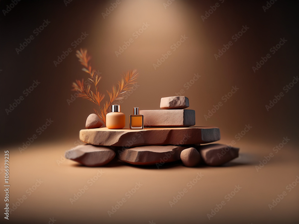 Poster Two bottles of perfume sit on a stacked stone platform with a plant in the background. A spotlight shines on the bottles and platform.