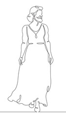 Continuous one line drawing bearded man in a woman's dress. Transgender, homosexual.One continuous line isolated minimal vertical illustration.