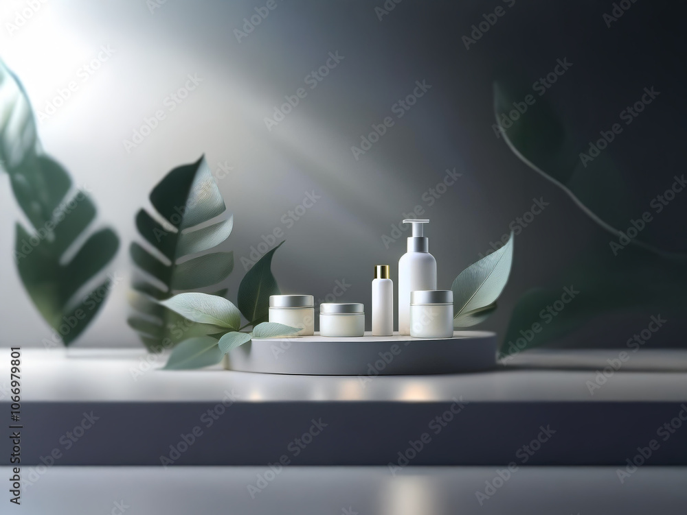 Poster A minimalist product display featuring a set of white cosmetic bottles and jars on a round pedestal with green leaves around it. The background is a soft gray with a beam of light shining down.